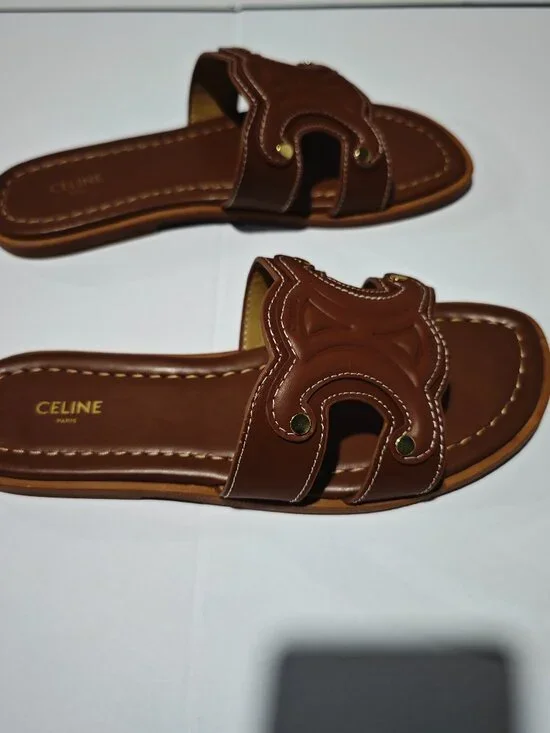 CELINE Brown Triomphe Logo Slide Sandals - Picture 2 of 4